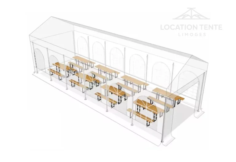 Tente de réception 4x12 m - Disposition des tables — Location Tente Limoges
