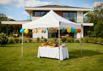 Tonnelle pliante abrite un buffet dans le jardin d'une maison lors d'un anniversaire à Limoges.